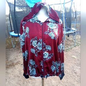 Lightweight Silk-like Hooded Jacket, Blue Floral on Burgundy, XL